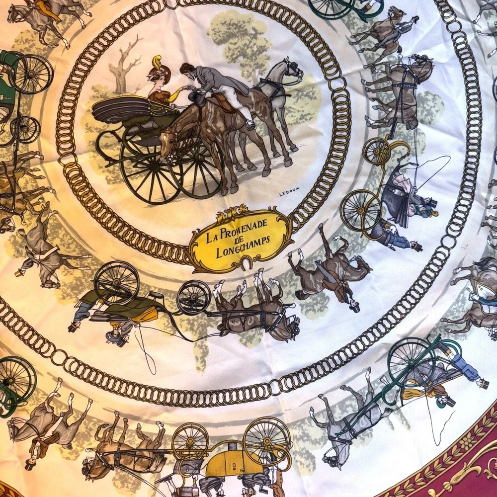 Vintage Hermes La Promenade‎ De Longchamps Silk Scarf Burgundy Philippe Ledoux